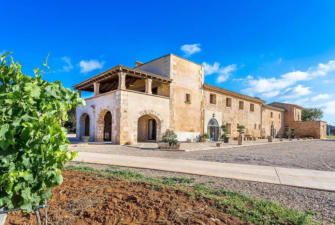 Stone manor house with arched porch beside a vineyard