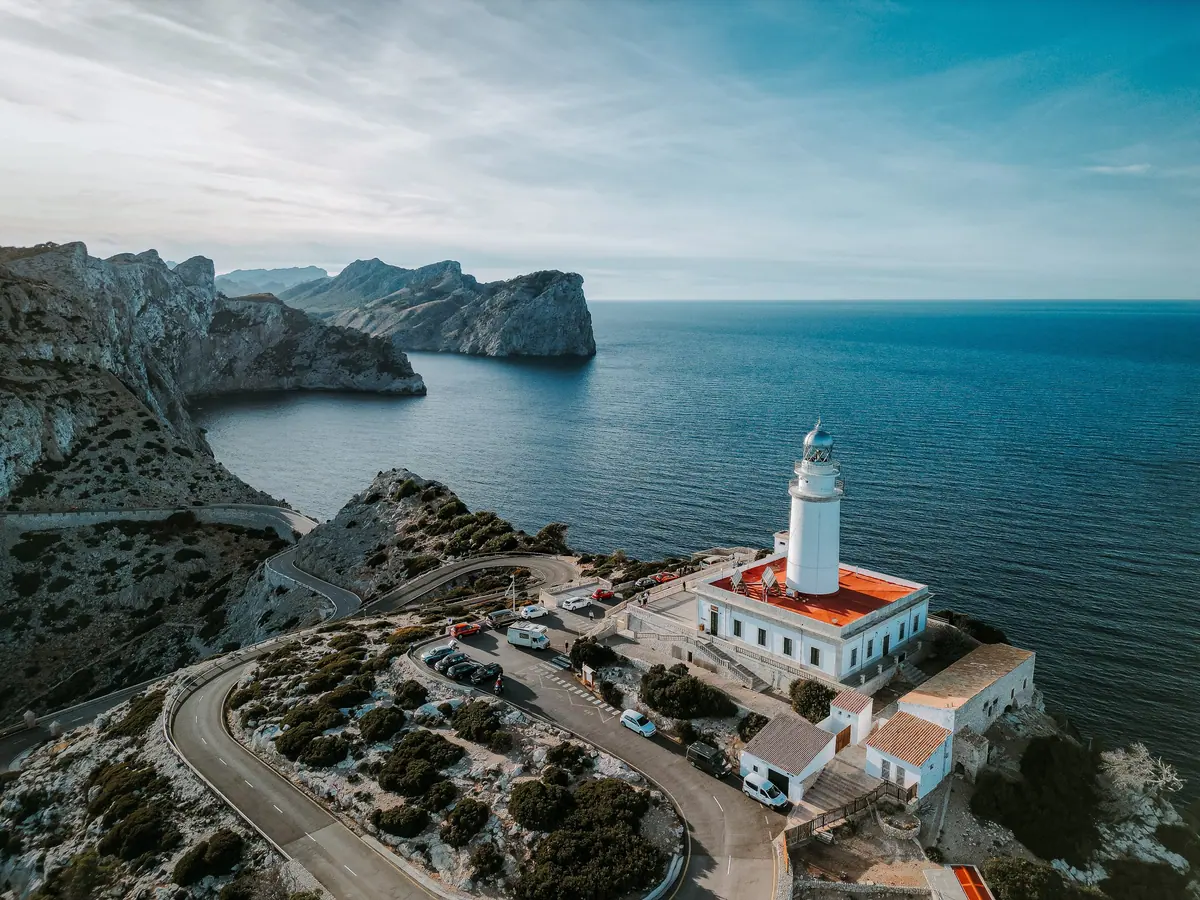 Aerial view of the Formentor lighthouse above the cliffs
