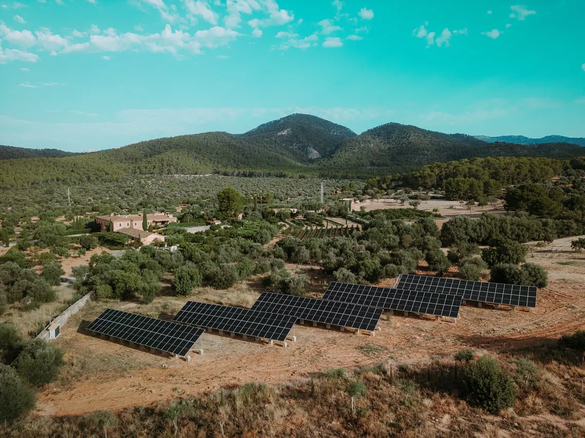 Finca Es Cabàs solar panels among olive trees, with mountains beyond
